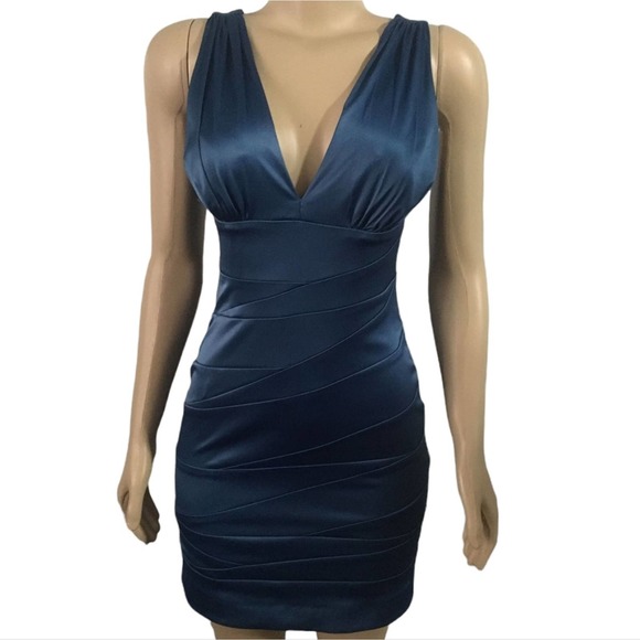 NW Collections Dresses & Skirts - NW Collections Women's Dress Size XS Blue Bodycon Pleated Mini Cocktail Deep V